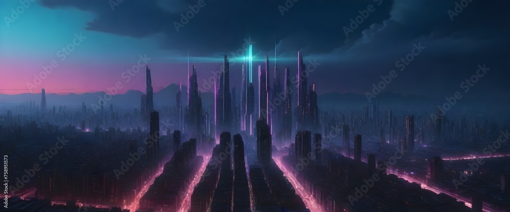 Futuristic cityscape at night with neon pink and blue lights, skyscrapers, and glowing rivers