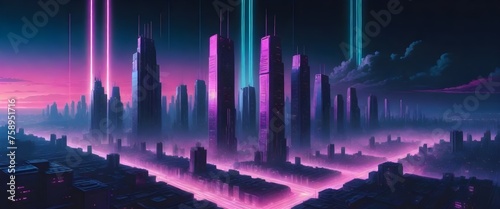 Futuristic cityscape at night with neon pink and blue lights, skyscrapers, and glowing rivers © sanart design