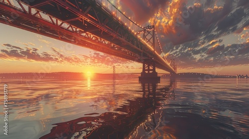 The warm glow of sunset radiates beneath a vast steel bridge, mirrored by the tranquil waters below as day turns to dusk.