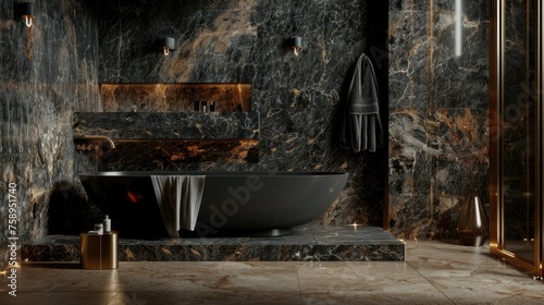 The bathroom is decorated with high quality and luxurious materials such as exquisite black marble and matte finishes. Rich textures convey the richness and sophistication of a space.