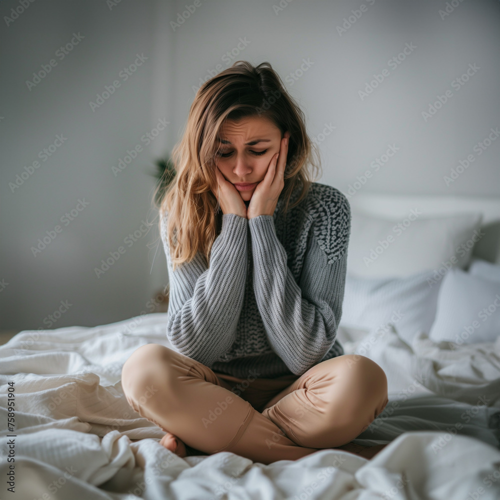 anonymous woman sitting cross legged on bed, slumped sad with head in hands from fertility issues or period pain anonymous woman sitting cross legged on bed, slumped sad with head in hands from fertility issues or period pain