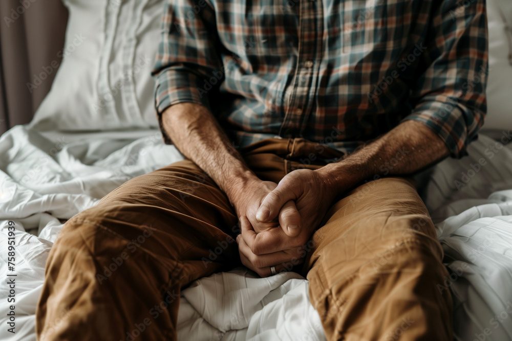 anonymous man's torso sitting on bed, slumped sad from fertility issues divorce