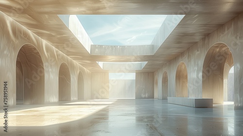 Interior perspective of an architectural space made from white plaster walls and a very high ceiling with skylights, minimalistic empty room. Generative AI. photo