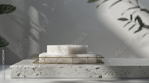 minimalistic soap dish design using a simple and concise composition. The soap holder is placed in the center of the frame to draw attention to its sleek granite frame and fine brass threads
