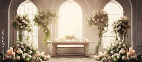 Wedding decor with flowers in a white vase, table, and arch in a festive setting.