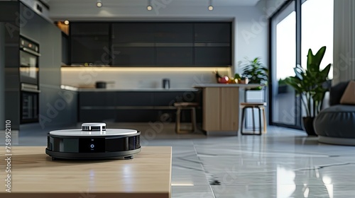 light furniture and kitchen decor to create a contrast with the black sweeping robot vacuum cleaner. This contrast highlights the robot s sleek and modern design against the clean white background.