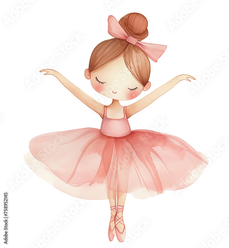 Beautiful baby doll ballerina in light pink tutu skirt, delicate watercolor illustration. Nursery poster design, limited color palette. Isolated on white background