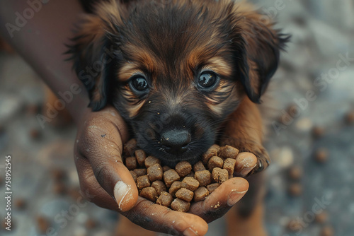 closeup stray puppy eating dog food from person’s hand on the street. human feeding homeless dog