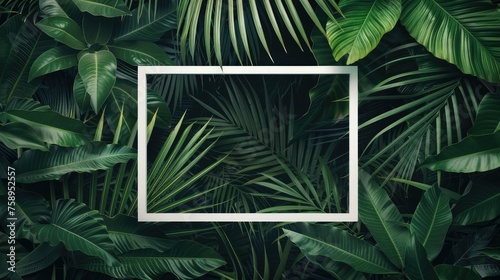 empty space and a frame of white paper or an inviting frame among the branches and leaves of a palm tree to create a sense of depth and dimension in the frame. photo