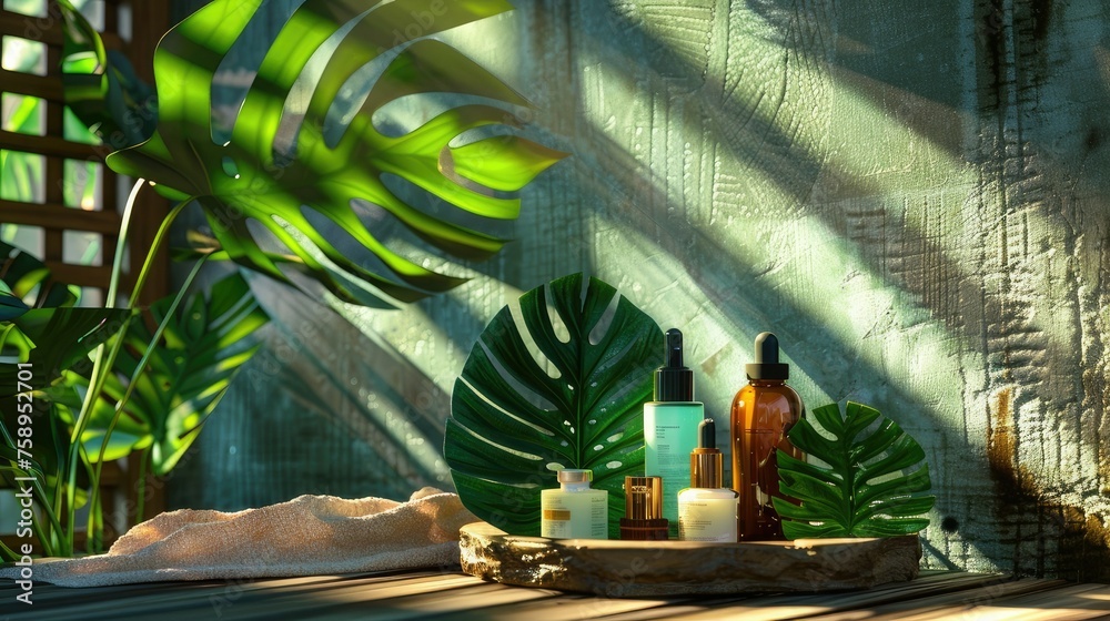lighting simulates natural daylight to highlight the true colors and textures of tropical green leaves and beauty products. - obrazy, fototapety, plakaty 
