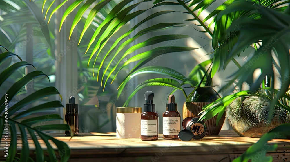lighting simulates natural daylight to highlight the true colors and textures of tropical green leaves and beauty products. lighting simulates natural daylight to highlight the true colors and textures of tropical green leaves and beauty products.
