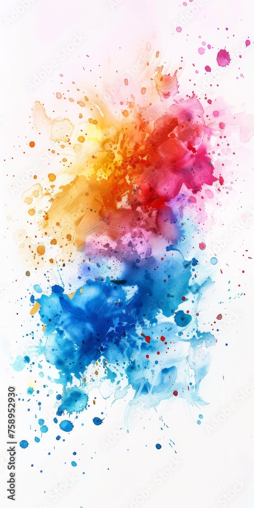 A radiant burst of watercolor in a fiery palette transitions to cool blue, creating a striking contrast on white canvas.