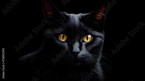 Portrait of a black cat with yellow eyes on a black background photo