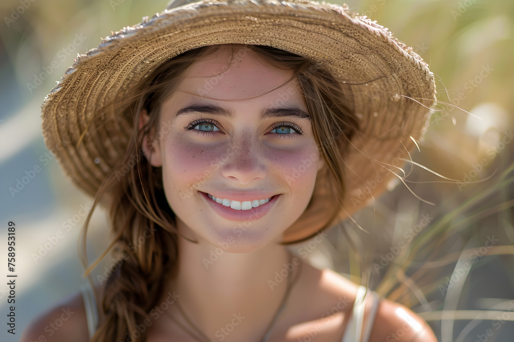 Beautiful smiling caucasian woman on sunny beach outdoors.