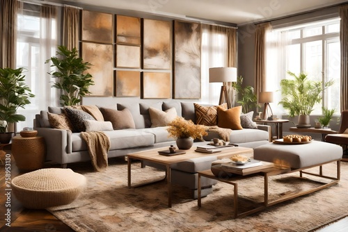 a cozy lounge space with plush furnishings  warm tones  and artistic accents  cultivating a welcoming atmosphere in a stylish living room setting.