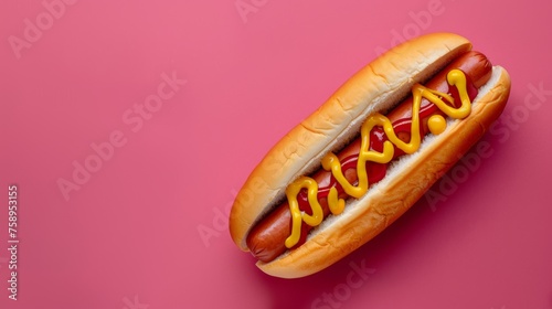 Classic hotdog with ketchup and mustard. Isolated on pink background. top view. Room for copy space