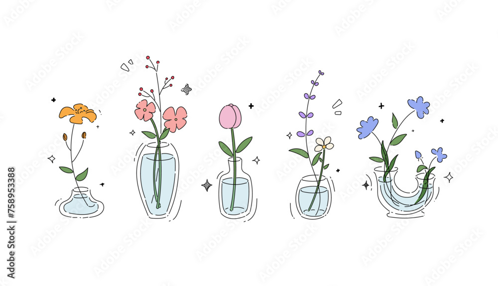 Hand drawn doodle cute flowers in vases vector illustration with line ...