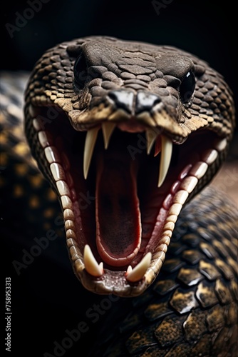 Venomous snake with sharp fangs attacking. Closeup, macro shot. Ai Generative