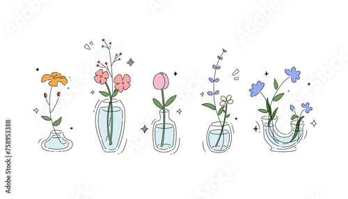 Hand drawn doodle cute flowers in vases vector illustration with line art and color for gift, card and design. Isolated