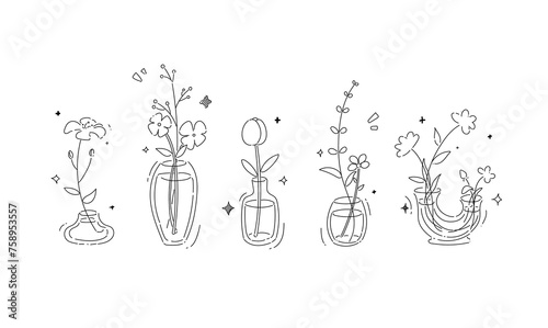 Hand drawn doodle cute flowers in vases vector illustration with line art for gift, card and design. Isolated