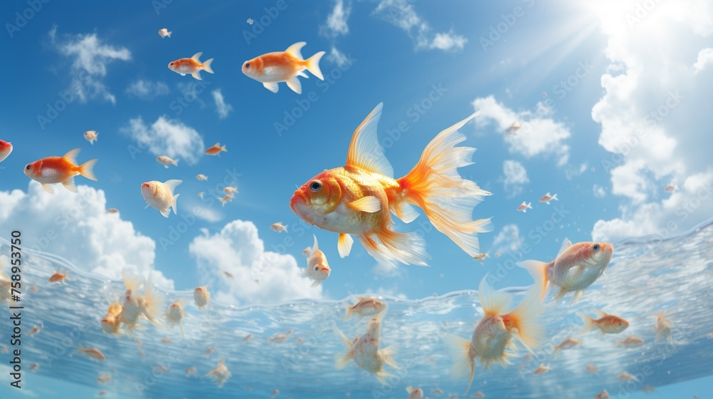 Goldfish air swimming in blue sky a blend of fantasy and reality - obrazy, fototapety, plakaty 