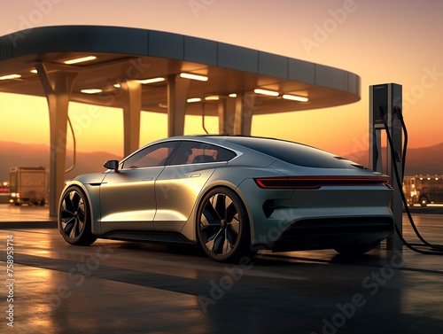 EV charging station at dawn highlighting renewable energy sources and futuristic design