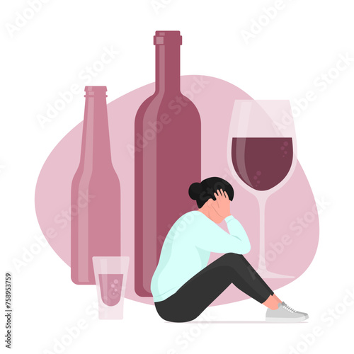 Woman and bottles: alcohol abuse and addiction