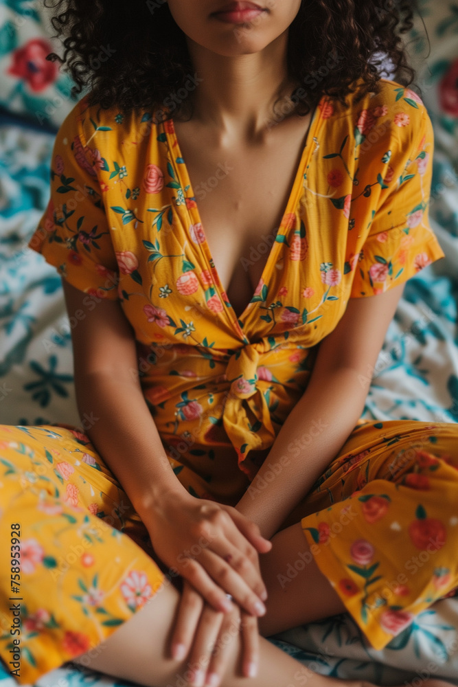 anonymous black woman's torso sitting on bed, slumped sad from fertility issues or period pain, colorful yellow outfit