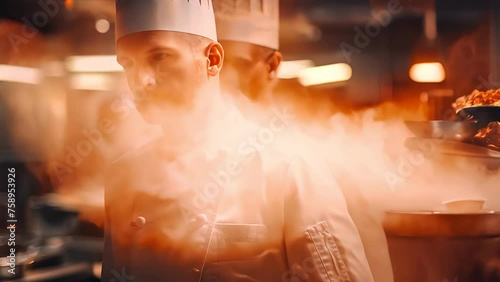 chef is standing in front of a fire, with his back to the camera. Concept of danger and excitement, as the chef is surrounded by flames photo