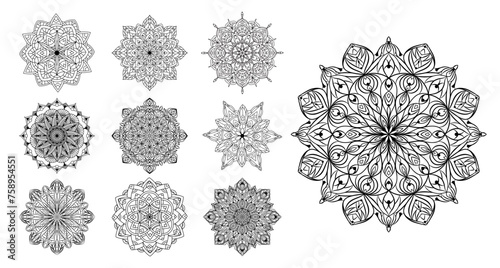 Hand drawn set of floral ornamental mandala with patterns, curls, flowers. Coloring book page, ornament, antistress for adults and children. Vector outline illustration isolated on white background