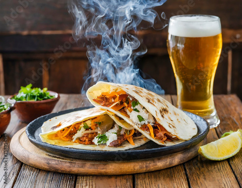 Smoking mexican mexican meat quesadillas and a glass of beer on a dish at a wooden restaurant table