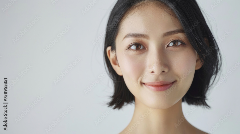 A close-up view captures the cheerful expression of a young woman with dark, short hair. She gazes directly into the camera with a gentle smile A close-up view captures the cheerful expression of a young woman with dark, short hair. She gazes directly into the camera with a gentle smile