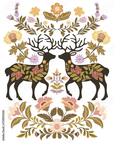 Postcard or poster made from folk art elements. Folk vector illustration with flowers and deer on a white background. Hand drawn folk flowers. Scandinavian traditional motif