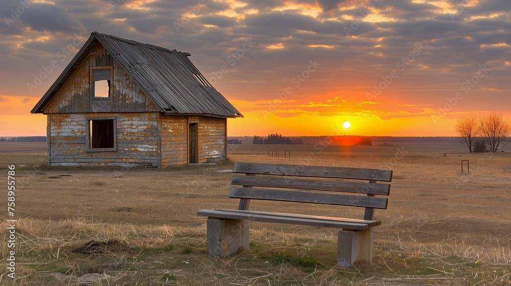 Old wooden bench and abandoned house on the field at sunset in spring in Canada. --chaos 50 --ar 16:9 --stylize 250 --v 6.0