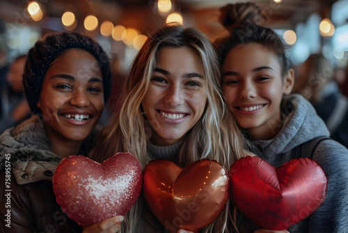 Celebrating Friendship and Love Multiethnic Friends with Heart-Shaped Balloons on Valentines Day at a Market photo