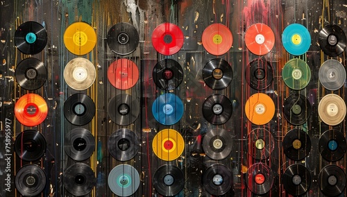 A wall full of vinyl records, with dripping paint and colorful circles.