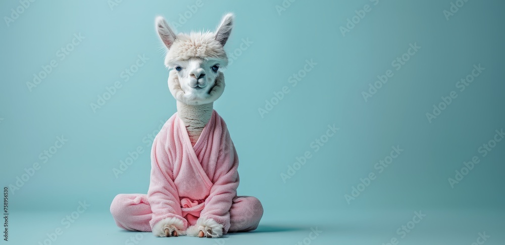 Fototapeta premium A white alpaca sits in a yoga pose wearing pastel pink pyjamas