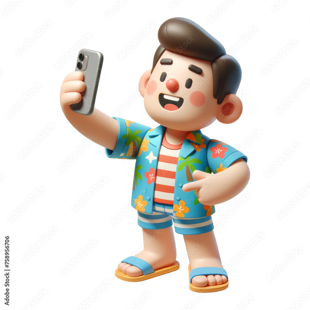3d illustration of a man in a hawaiian shirt and shorts taking a selfie with a smartphone.