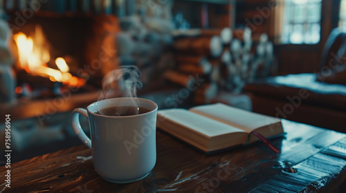 cup of coffee on table with open book 