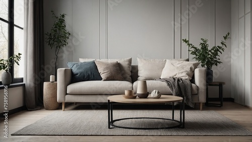 Modern scandinavian style interior with sofa and trendy vase  Home staging and minimalism concept  Minimal interior design