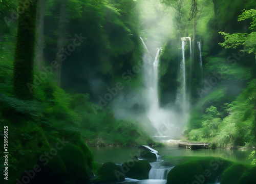 A large waterfall in the middle of a lush green forest © Design Minds