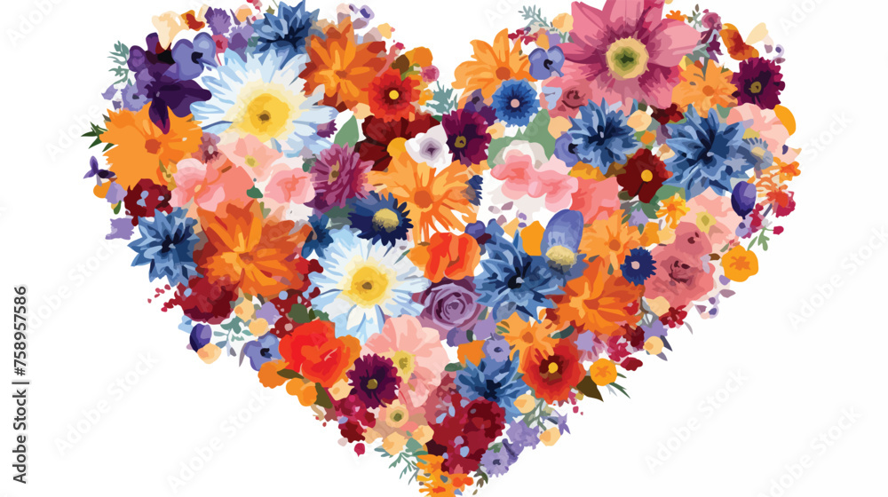 Heart made of flowers flat vector isolated on white background 