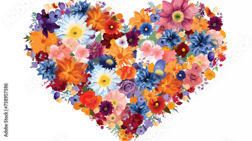 Heart made of flowers flat vector isolated on white background 