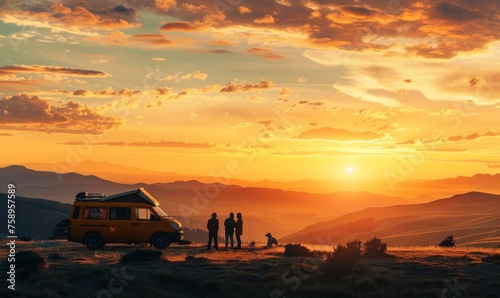 Two friends stand near a van and take photos of the sunset over the mountains during their vacation