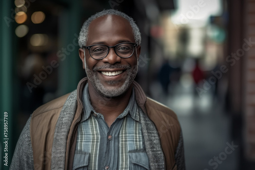 Portrait of an older African-American man with gray hair and a gray beard wearing glasses. portrait of a man in a city
