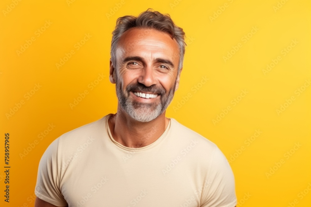 Portrait of a handsome middle-aged man smiling against yellow background