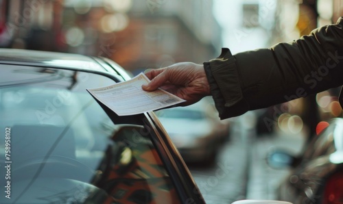 Hand placing a parking fine notice on a car windshield