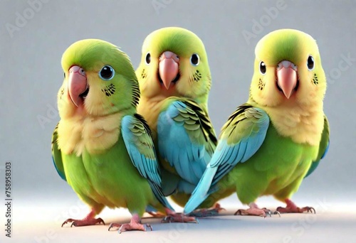 Three Adorable 3d rendered cute happy smiling and joyful baby Budgerigar cartoon character on white backdrop