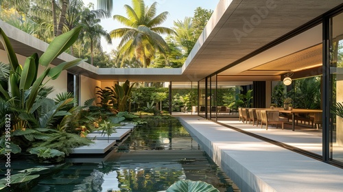 An exterior view of an minimalist villa with nice tropical garden landscape. Generative AI.