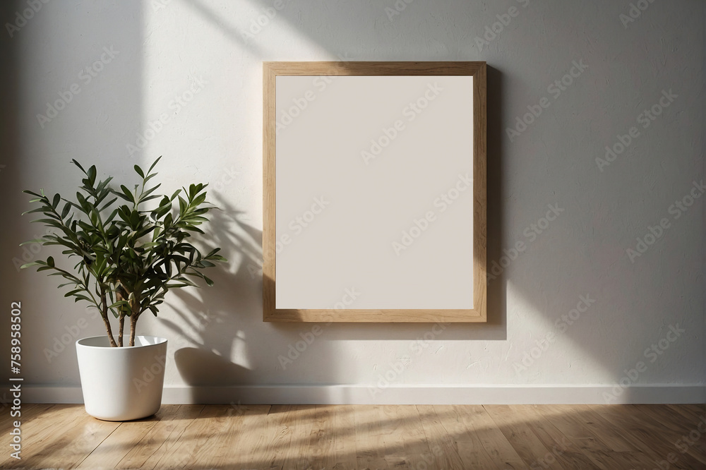 Small vertical wooden frame mockup in scandi style on empty neutral white wall background Small vertical wooden frame mockup in scandi style on empty neutral white wall background